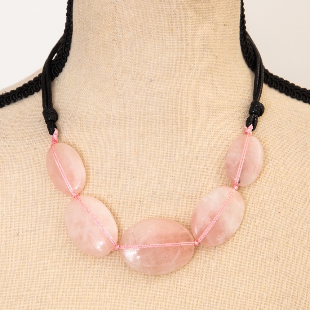 Large stone cord style necklace pastel pink rose quartz sterling silver